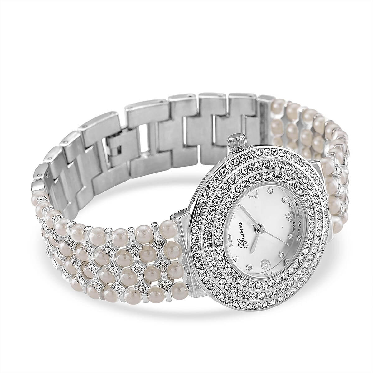 Genoa Austrian Crystal, Simulated Pearl Japanese Movement White Dail Watch in Silvertone image number 5