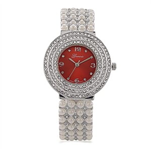 Genoa Austrian Crystal, Simulated Pearl Japanese Movement Red Dail Watch in Silvertone