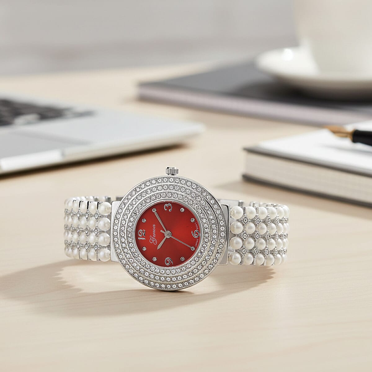 Genoa Austrian Crystal, Simulated Pearl Japanese Movement Red Dail Watch in Silvertone image number 1