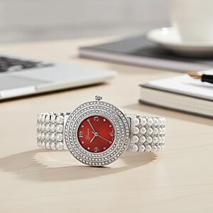 Genoa Austrian Crystal, Simulated Pearl Japanese Movement Red Dail Watch in Silvertone