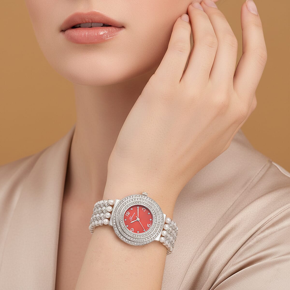 Genoa Austrian Crystal, Simulated Pearl Japanese Movement Red Dail Watch in Silvertone image number 2