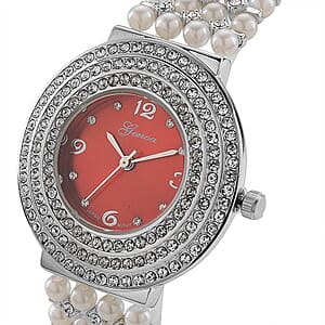 Genoa Austrian Crystal, Simulated Pearl Japanese Movement Red Dail Watch in Silvertone