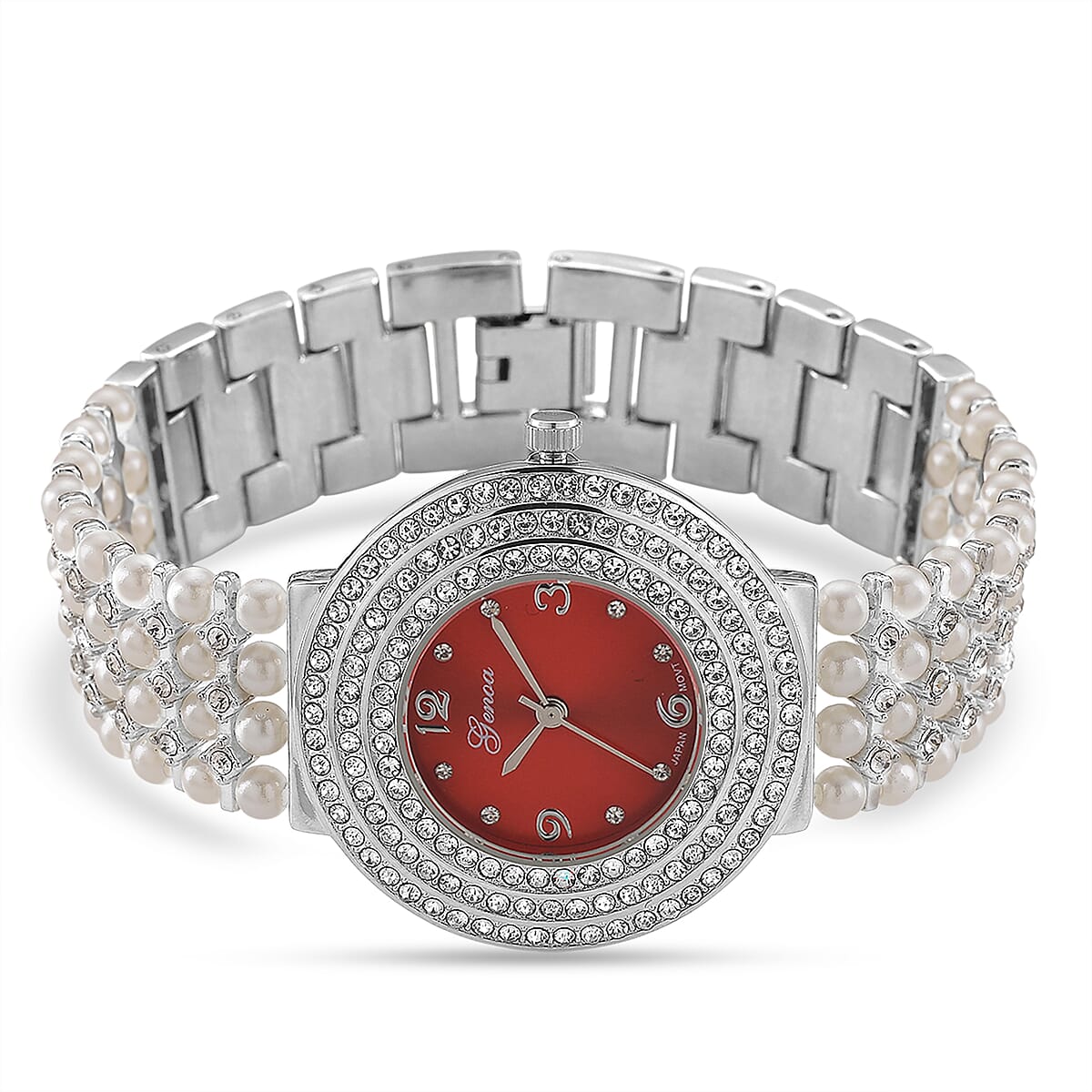 Genoa Austrian Crystal, Simulated Pearl Japanese Movement Red Dail Watch in Silvertone image number 4