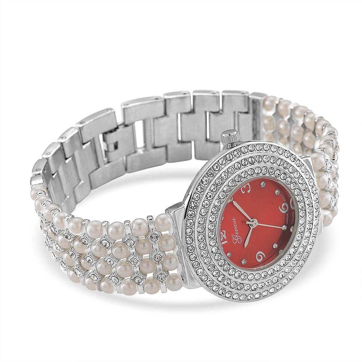 Genoa Austrian Crystal, Simulated Pearl Japanese Movement Red Dail Watch in Silvertone image number 5