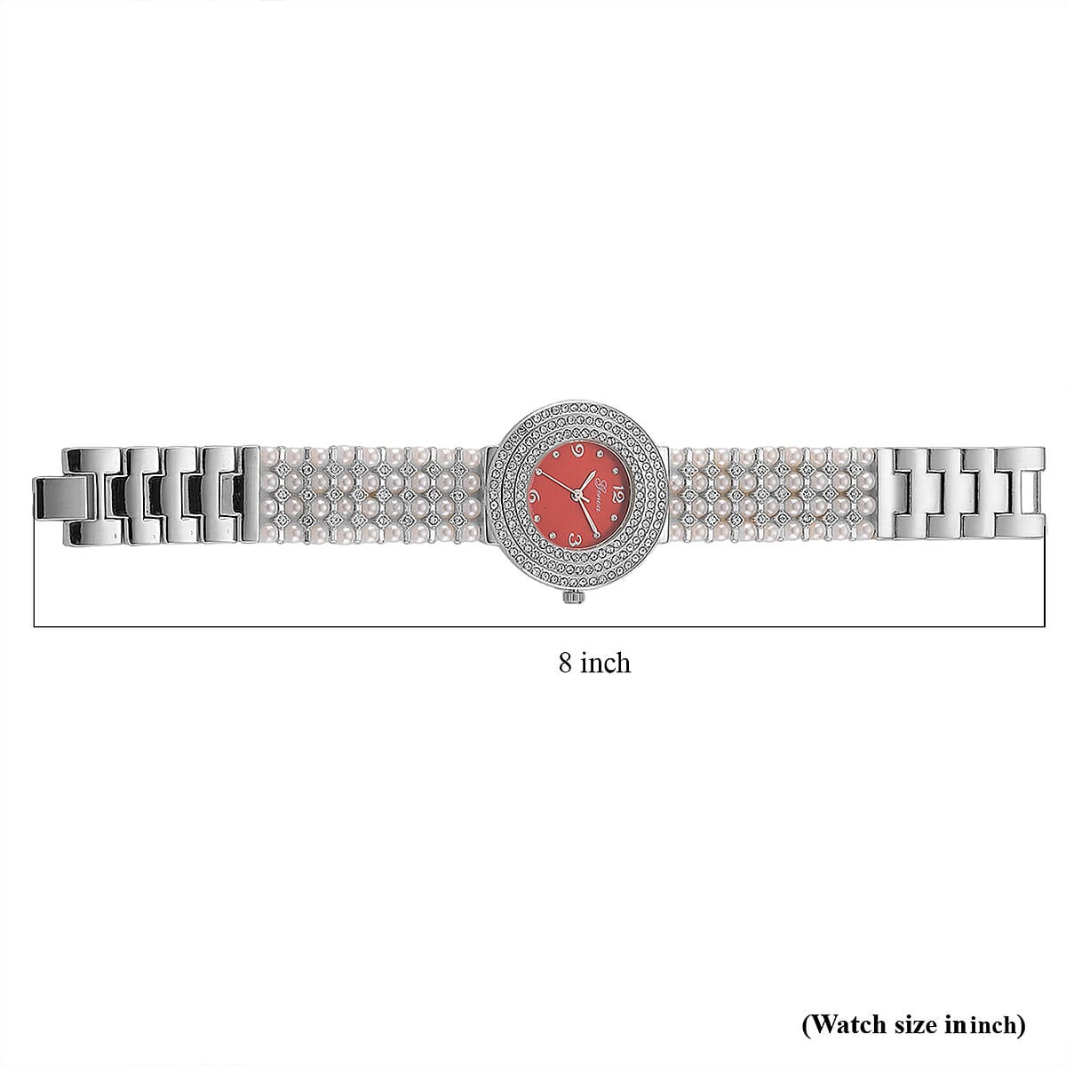 Genoa Austrian Crystal, Simulated Pearl Japanese Movement Red Dail Watch in Silvertone image number 7