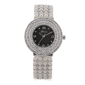 Genoa Austrian Crystal, Simulated Pearl Japanese Movement Black Dail Watch in Silvertone