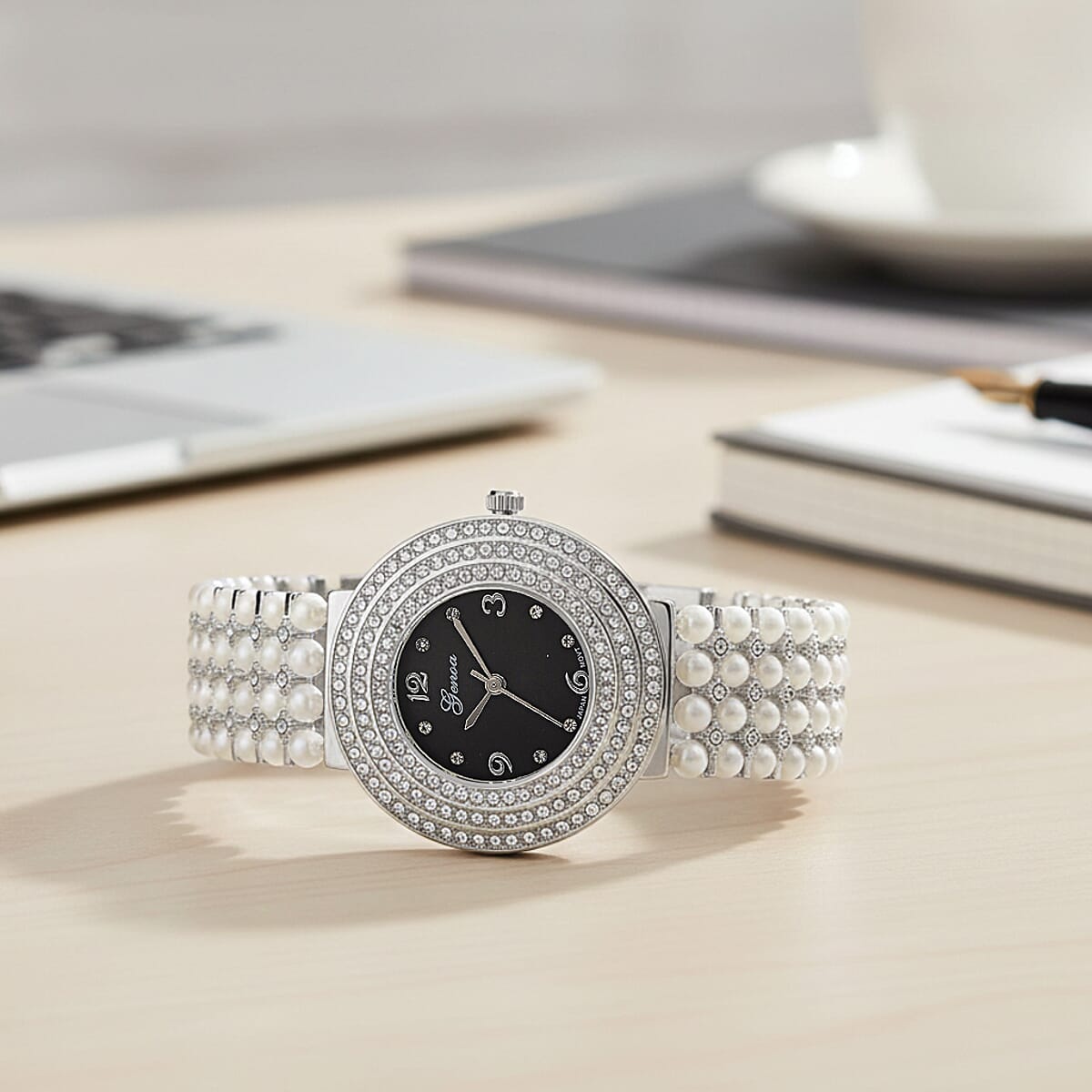 Genoa Austrian Crystal, Simulated Pearl Japanese Movement Black Dail Watch in Silvertone image number 1