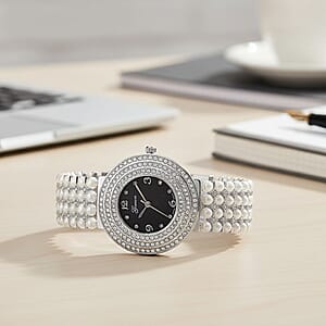 Genoa Austrian Crystal, Simulated Pearl Japanese Movement Black Dail Watch in Silvertone