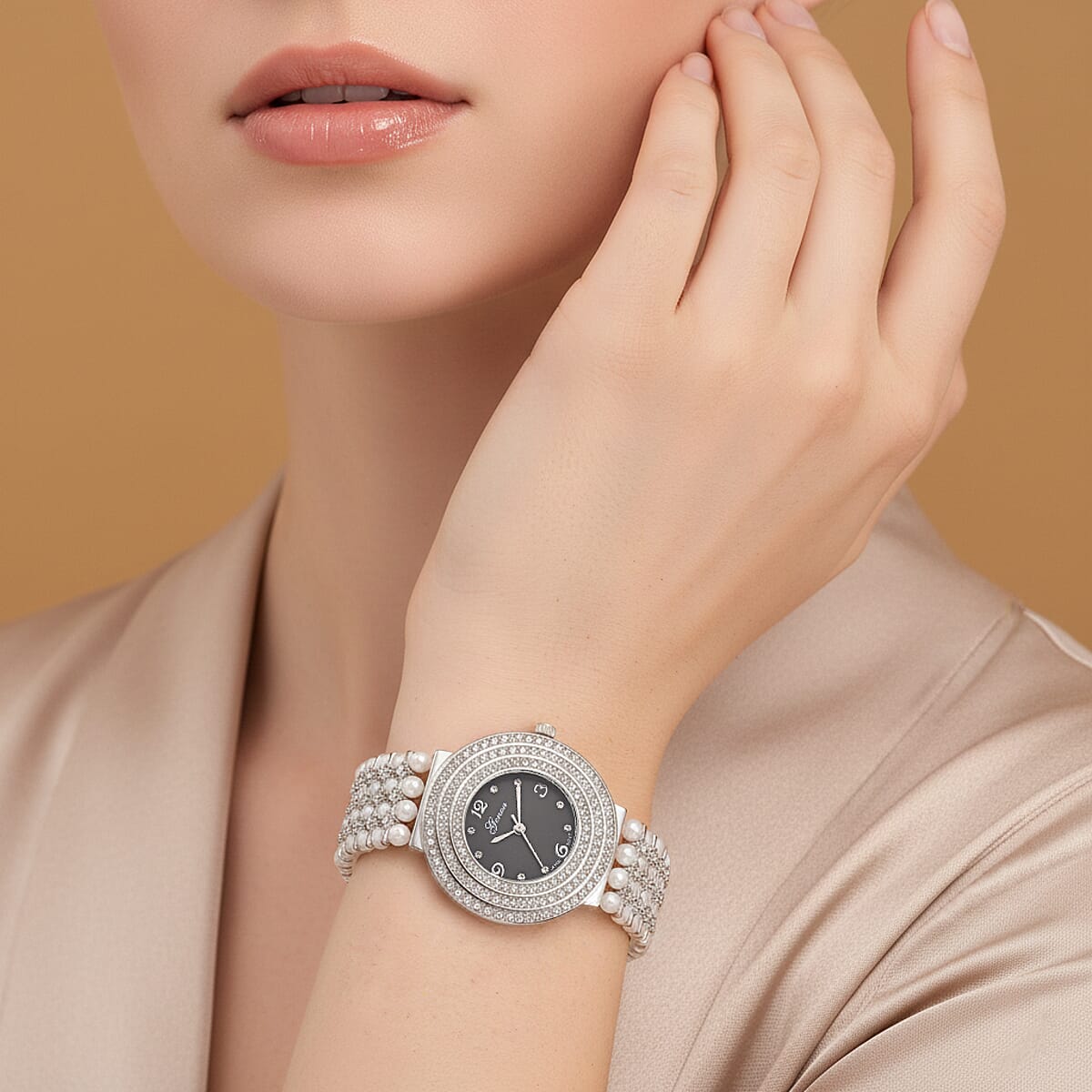 Genoa Austrian Crystal, Simulated Pearl Japanese Movement Black Dail Watch in Silvertone image number 2