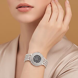 Genoa Austrian Crystal, Simulated Pearl Japanese Movement Black Dail Watch in Silvertone