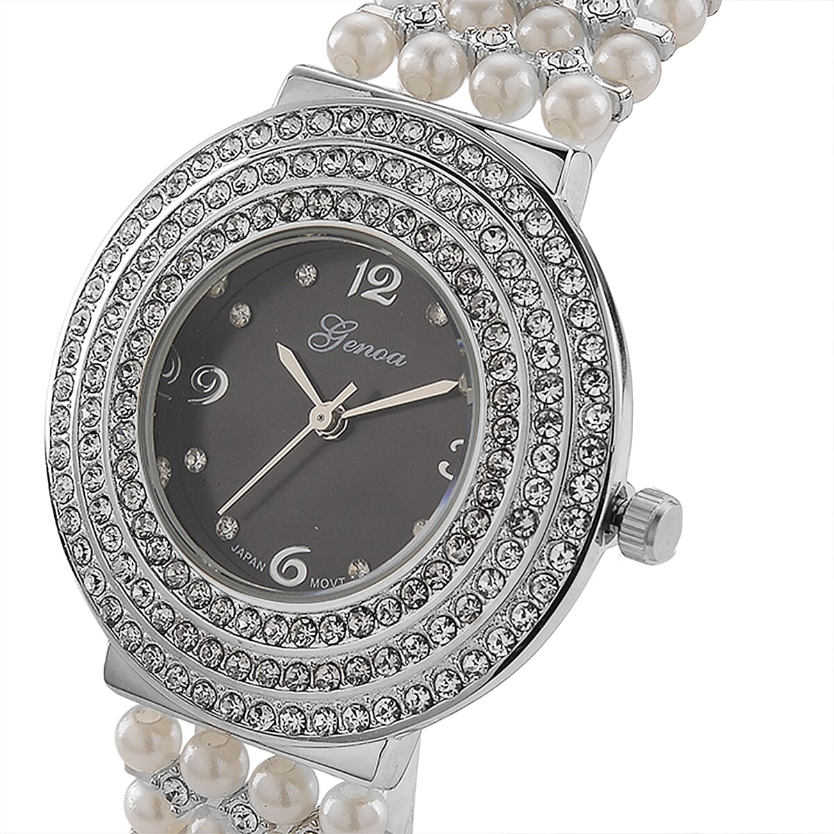 Genoa Austrian Crystal, Simulated Pearl Japanese Movement Black Dail Watch in Silvertone image number 3