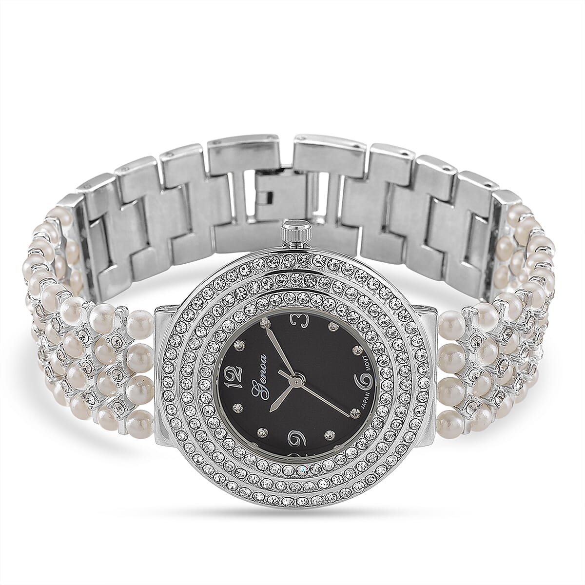 Genoa Austrian Crystal, Simulated Pearl Japanese Movement Black Dail Watch in Silvertone image number 4