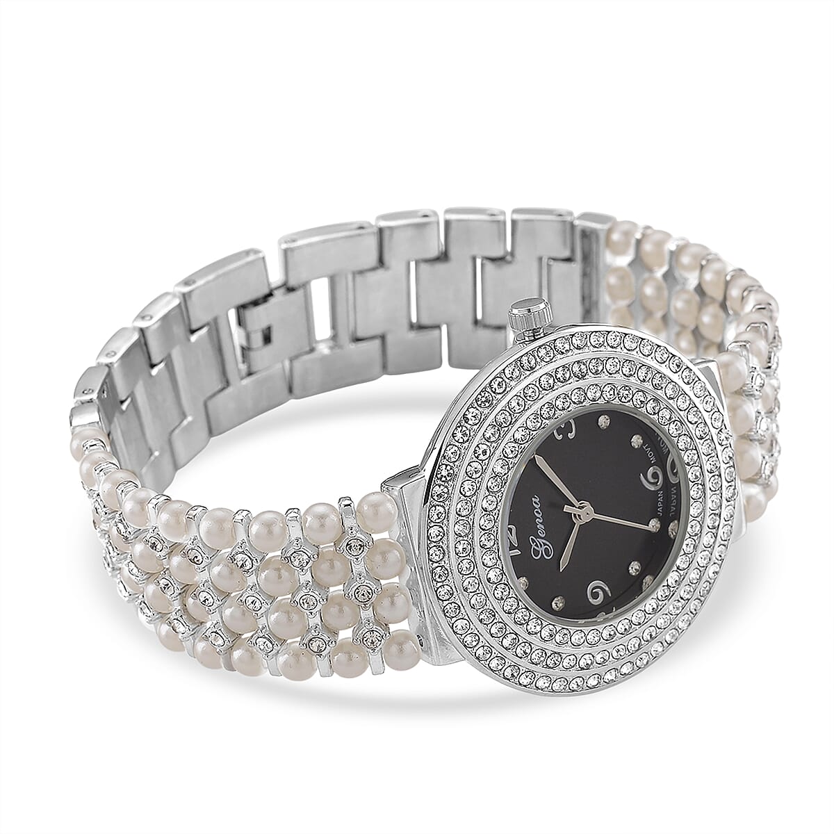 Genoa Austrian Crystal, Simulated Pearl Japanese Movement Black Dail Watch in Silvertone image number 5
