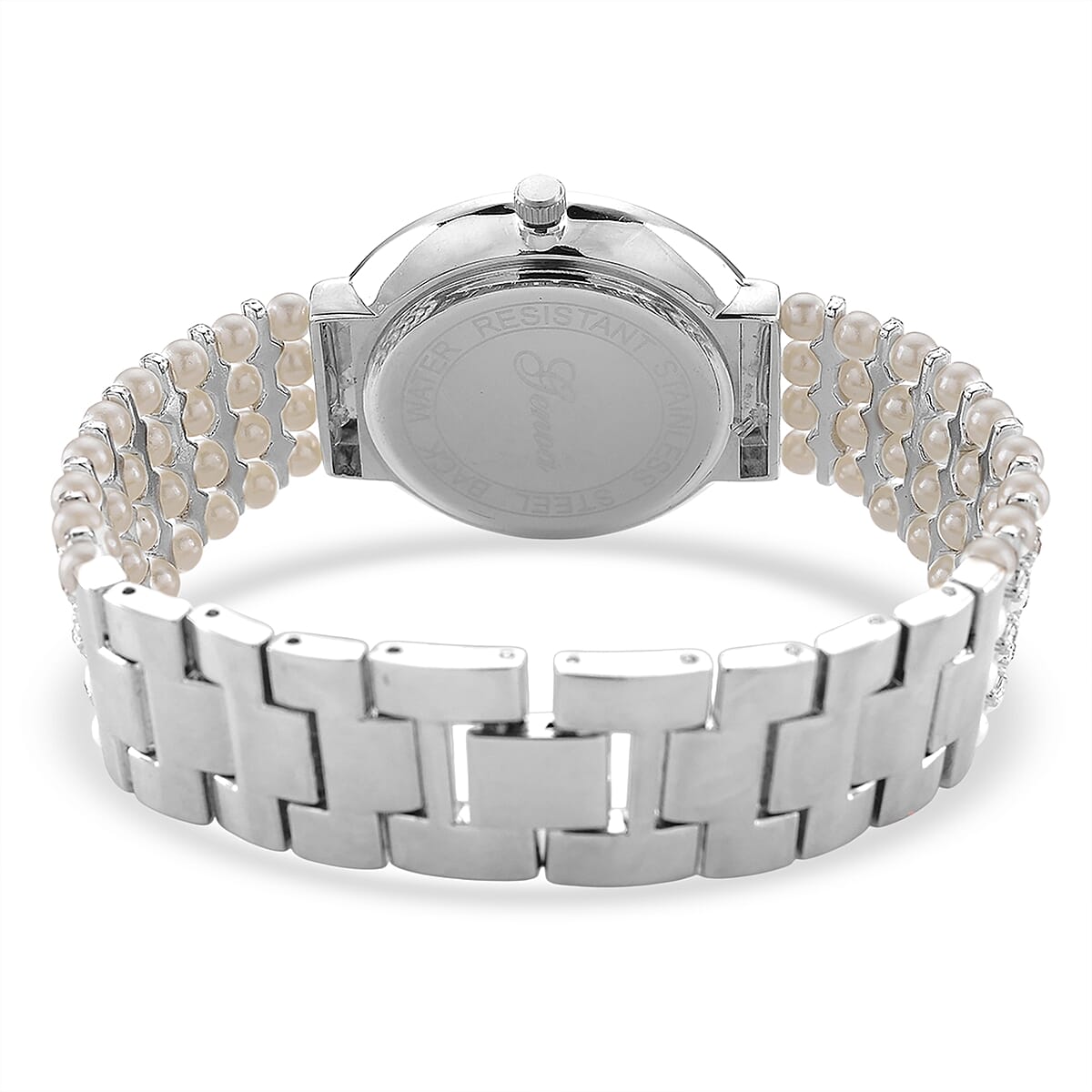 Genoa Austrian Crystal, Simulated Pearl Japanese Movement Black Dail Watch in Silvertone image number 6