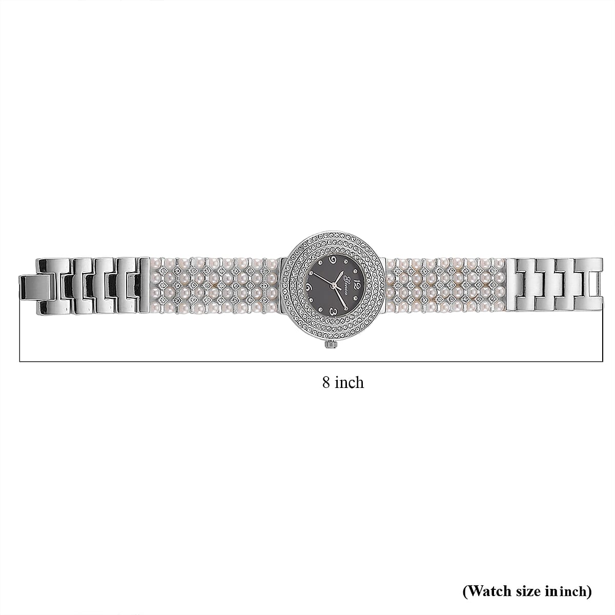 Genoa Austrian Crystal, Simulated Pearl Japanese Movement Black Dail Watch in Silvertone image number 7