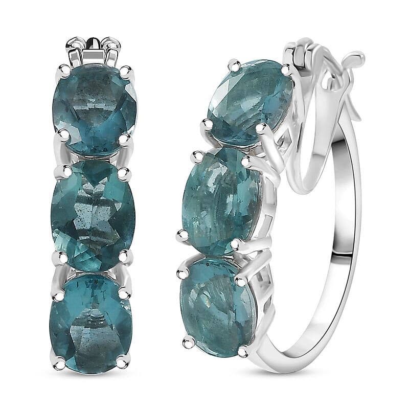 D'Joy Dean Teal Fluorite (IR) 9.00 ctw Hoop Earrings in Platinum Over Sterling Silver