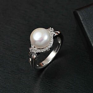 EverTrue Fresh Water Pearl and White Zircon 5.14 ctw Fancy Ring in Goldtone (Size 6.5)