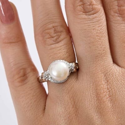 EverTrue Fresh Water Pearl and White Zircon 5.14 ctw Fancy Ring in Goldtone (Size 6.5)