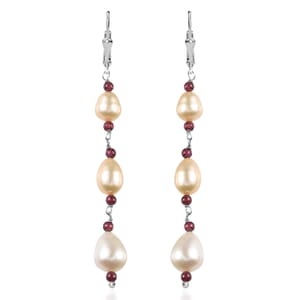 D'Joy Multi Color Freshwater Pearl and Mozambique Garnet 2.00 ctw Earrings in Rhodium Over Sterling Silver