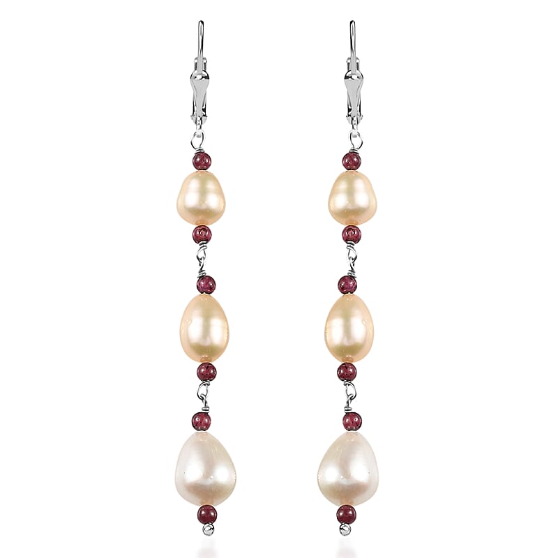 D'Joy Multi Color Freshwater Pearl and Mozambique Garnet 2.00 ctw Earrings in Rhodium Over Sterling Silver