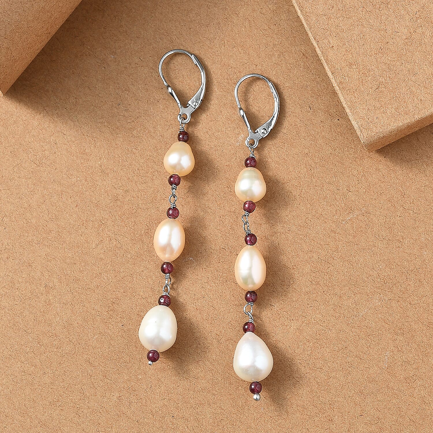 D'Joy Multi Color Freshwater Pearl and Mozambique Garnet 2.00 ctw Earrings in Rhodium Over Sterling Silver