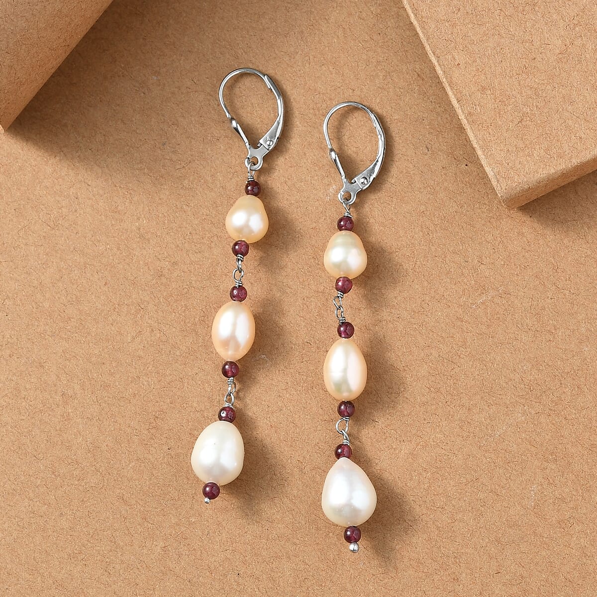 D'Joy Multi Color Freshwater Pearl and Mozambique Garnet 2.00 ctw Earrings in Rhodium Over Sterling Silver image number 1