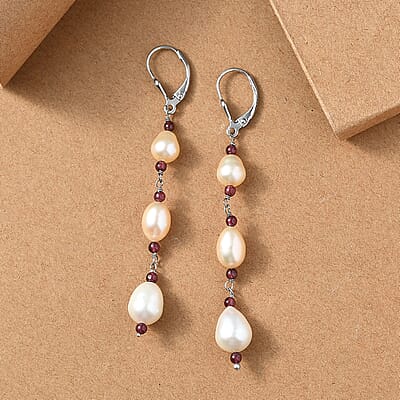 D'Joy Multi Color Freshwater Pearl and Mozambique Garnet 2.00 ctw Earrings in Rhodium Over Sterling Silver