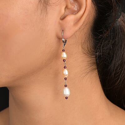 D'Joy Multi Color Freshwater Pearl and Mozambique Garnet 2.00 ctw Earrings in Rhodium Over Sterling Silver