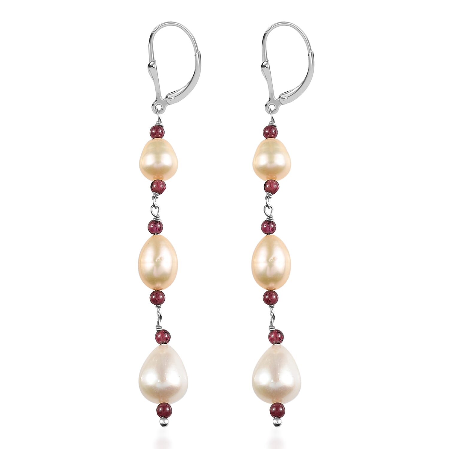 D'Joy Multi Color Freshwater Pearl and Mozambique Garnet 2.00 ctw Earrings in Rhodium Over Sterling Silver