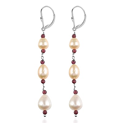 D'Joy Multi Color Freshwater Pearl and Mozambique Garnet 2.00 ctw Earrings in Rhodium Over Sterling Silver