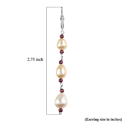 D'Joy Multi Color Freshwater Pearl and Mozambique Garnet 2.00 ctw Earrings in Rhodium Over Sterling Silver