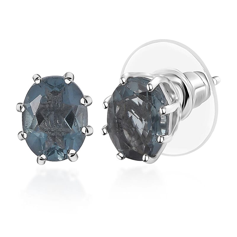 D'Joy Dean Teal Fluorite (IR) 3.00 ctw Aqua Crown Stud Earrings in Platinum Over Sterling Silver