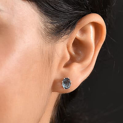 D'Joy Dean Teal Fluorite (IR) 3.00 ctw Aqua Crown Stud Earrings in Platinum Over Sterling Silver