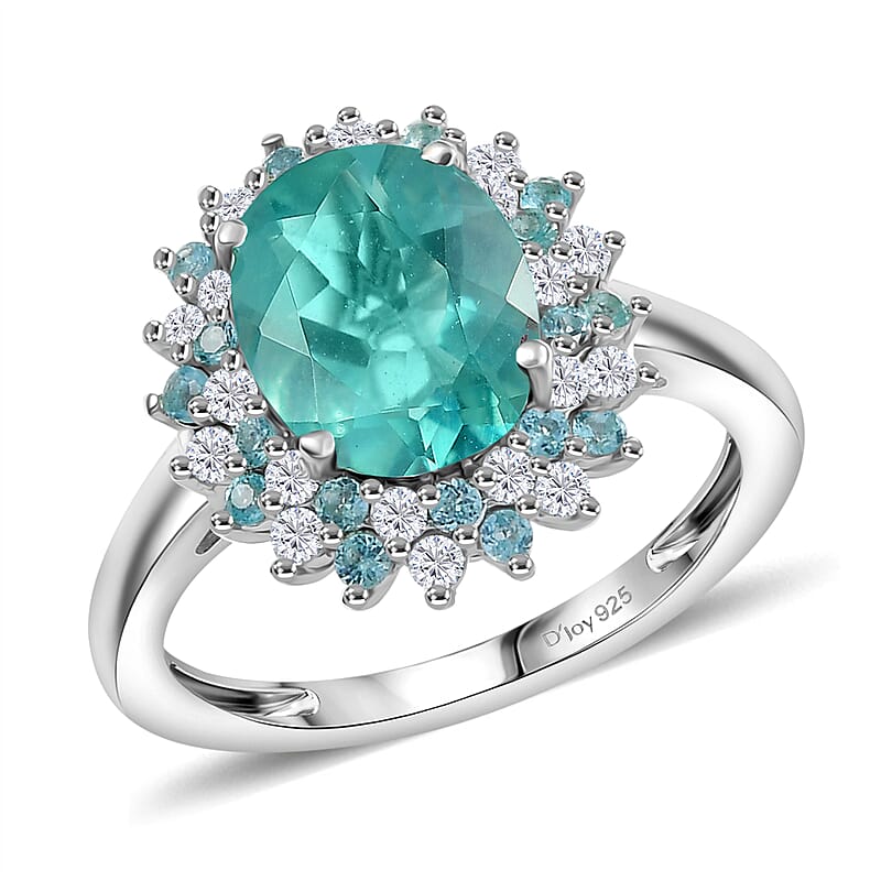 D'Joy Dean Teal Fluorite (IR) and Multi Gemstone 3.85 ctw Bubbles Ring in Platinum Over Sterling Silver (Size 10.0) 