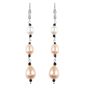 D'Joy Multi Color Freshwater Pearl and Thai Black Spinel 1.20 ctw Earrings in Rhodium Over Sterling Silver