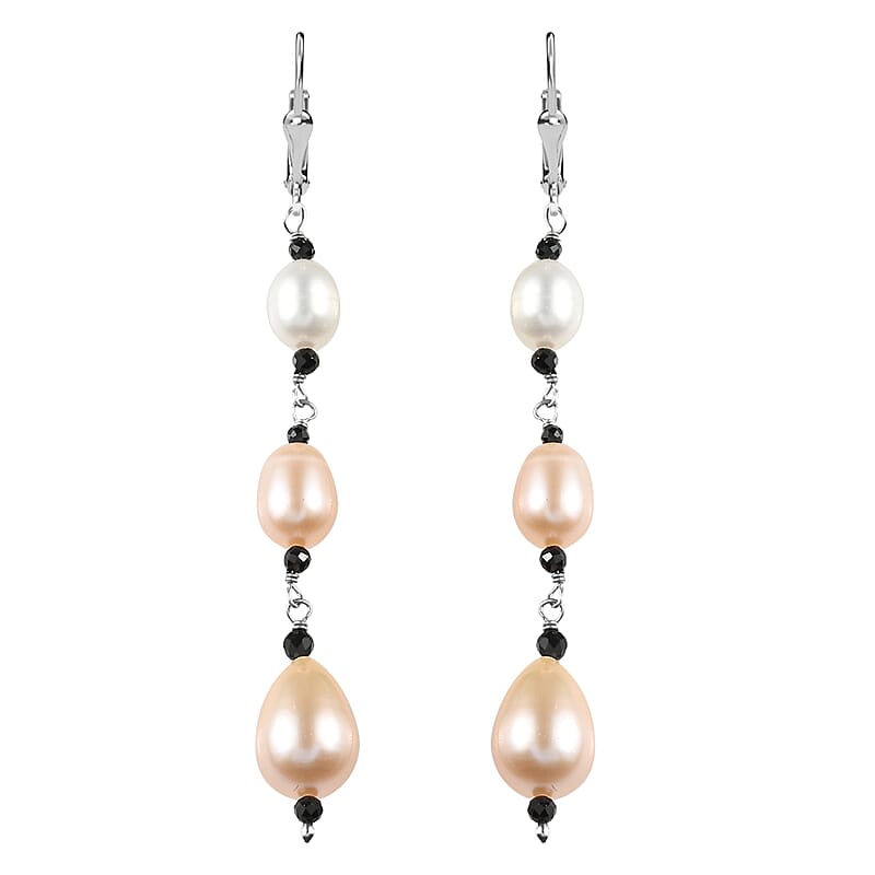 D'Joy Multi Color Freshwater Pearl and Thai Black Spinel 1.20 ctw Earrings in Rhodium Over Sterling Silver