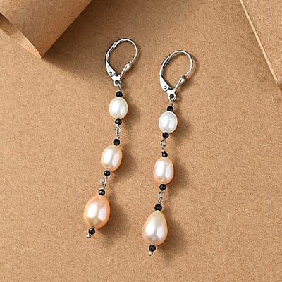 D'Joy Multi Color Freshwater Pearl and Thai Black Spinel 1.20 ctw Earrings in Rhodium Over Sterling Silver