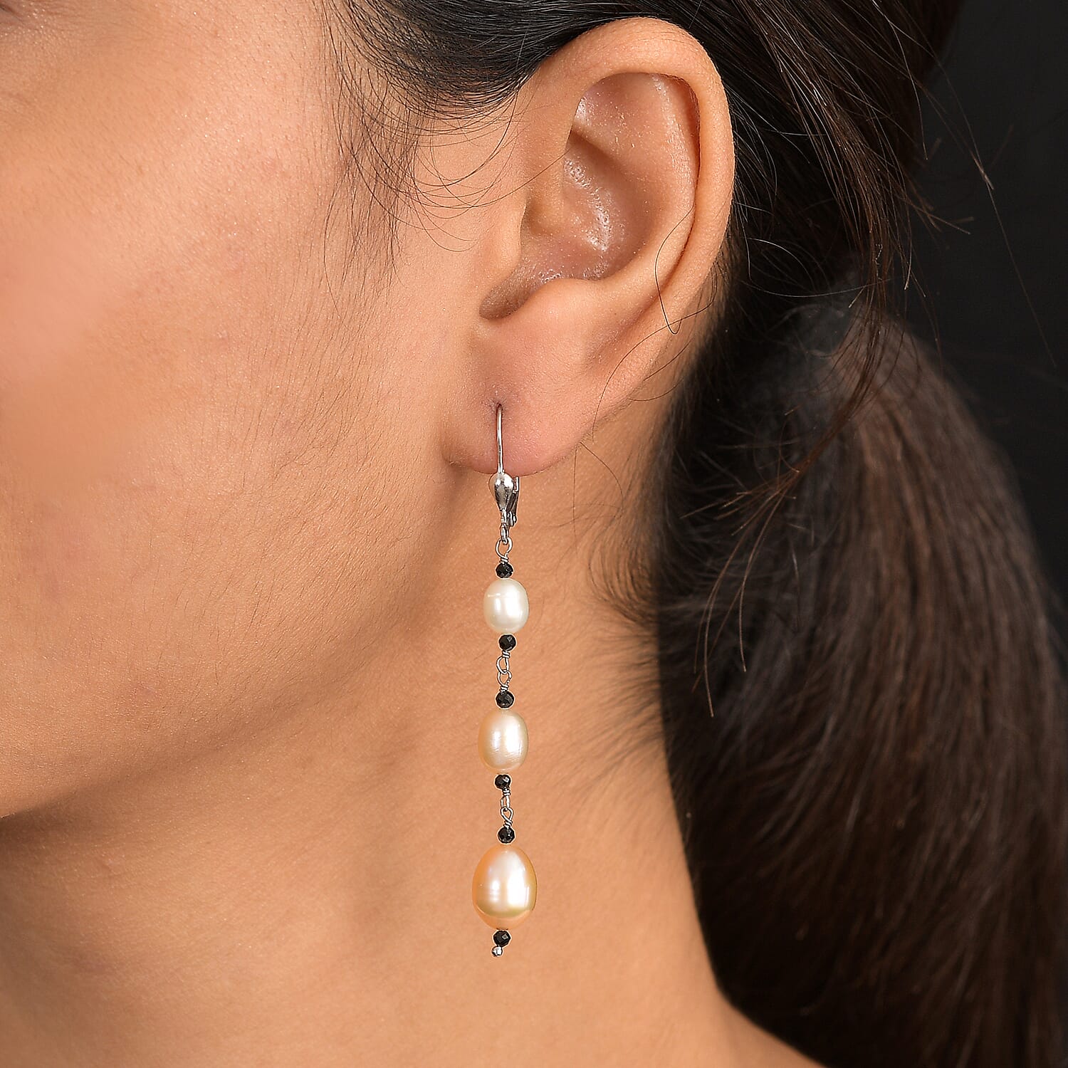 D'Joy Multi Color Freshwater Pearl and Thai Black Spinel 1.20 ctw Earrings in Rhodium Over Sterling Silver