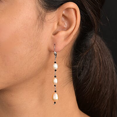 D'Joy Multi Color Freshwater Pearl and Thai Black Spinel 1.20 ctw Earrings in Rhodium Over Sterling Silver