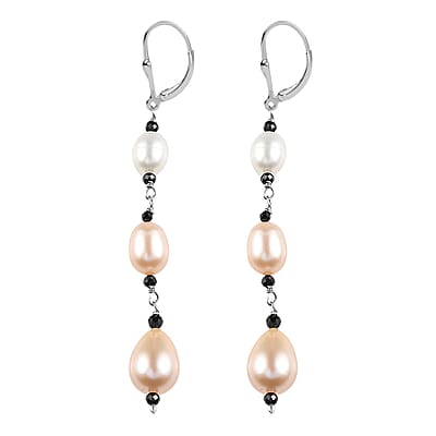 D'Joy Multi Color Freshwater Pearl and Thai Black Spinel 1.20 ctw Earrings in Rhodium Over Sterling Silver