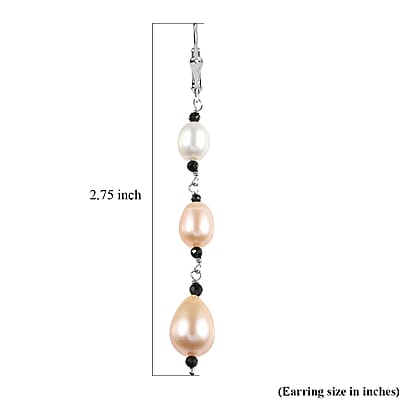 D'Joy Multi Color Freshwater Pearl and Thai Black Spinel 1.20 ctw Earrings in Rhodium Over Sterling Silver