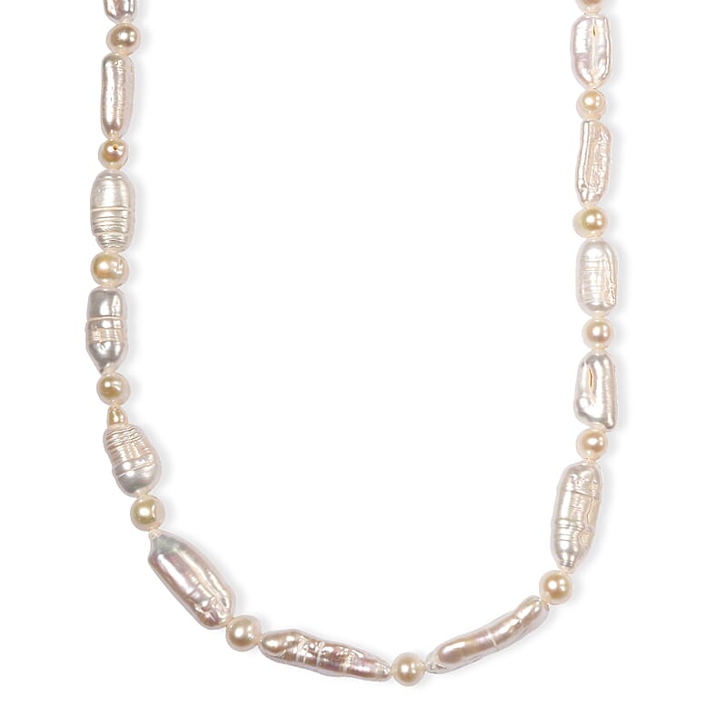 White Biwa Pearl and Freshwater Pearl Necklace in Rhodium Over Sterling Silver 18 Inches