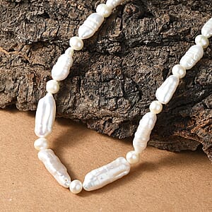 White Biwa Pearl and Freshwater Pearl Necklace in Rhodium Over Sterling Silver 18 Inches
