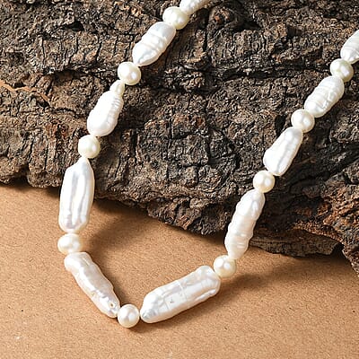 White Biwa Pearl and Freshwater Pearl Necklace in Rhodium Over Sterling Silver 18 Inches