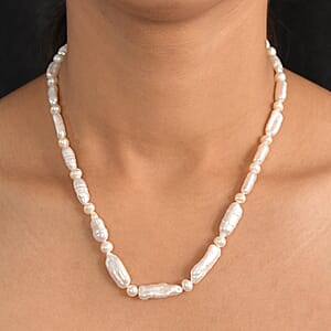 White Biwa Pearl and Freshwater Pearl Necklace in Rhodium Over Sterling Silver 18 Inches