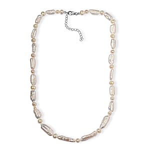 White Biwa Pearl and Freshwater Pearl Necklace in Rhodium Over Sterling Silver 18 Inches
