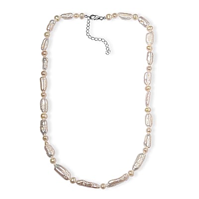 White Biwa Pearl and Freshwater Pearl Necklace in Rhodium Over Sterling Silver 18 Inches