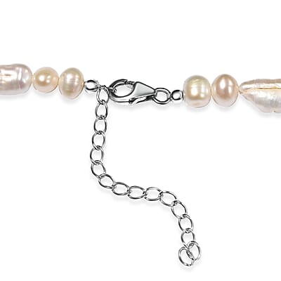 White Biwa Pearl and Freshwater Pearl Necklace in Rhodium Over Sterling Silver 18 Inches