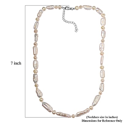 White Biwa Pearl and Freshwater Pearl Necklace in Rhodium Over Sterling Silver 18 Inches