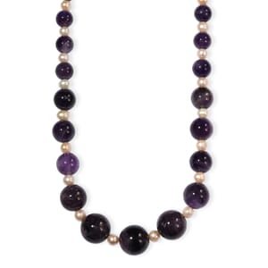 D'Joy African Amethyst 280.00 ctw and Freshwater Pearl Necklace in Rhodium Over Sterling Silver 18 Inches